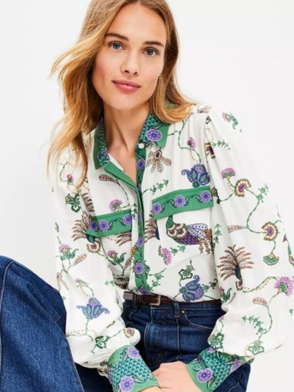 Women's Loft Green-Trim Floral Print Button-Up Top